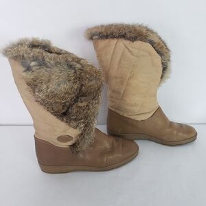 Vintage Diadora Tan Leather & Fur Apres Ski Winter Boots Made in Italy Size 38